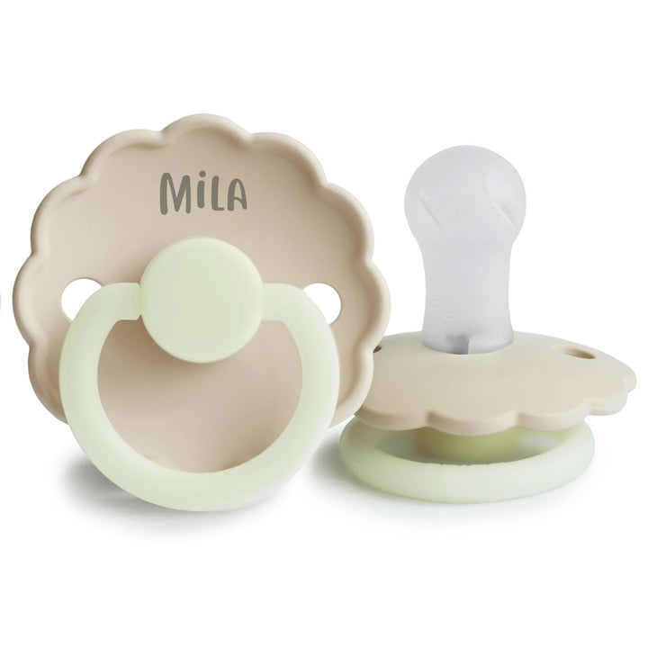 FRIGG Daisy Silicone Pacifiers Cream Night Glow Yes - Personalisable Baby Products Sold and Personalised by JustBørn